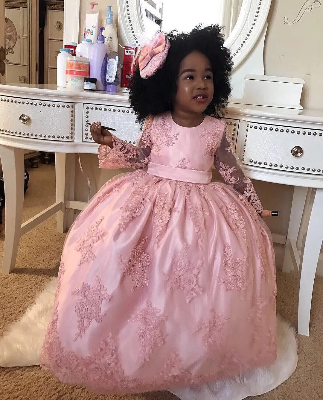 Floor Length Pink Lace Little Miss Pageant Dresses With Sheer Long Sleeves,  Big Bow, And Back Perfect For Weddings, Baby Parties, Flower Girls, Or  Special Occasions From Sexypromdress, $78.4 | DHgate.Com