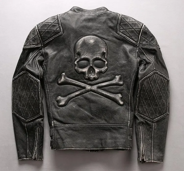 vintage black skull head genuine leather jackets street fashion motorcycle jackets stand collar