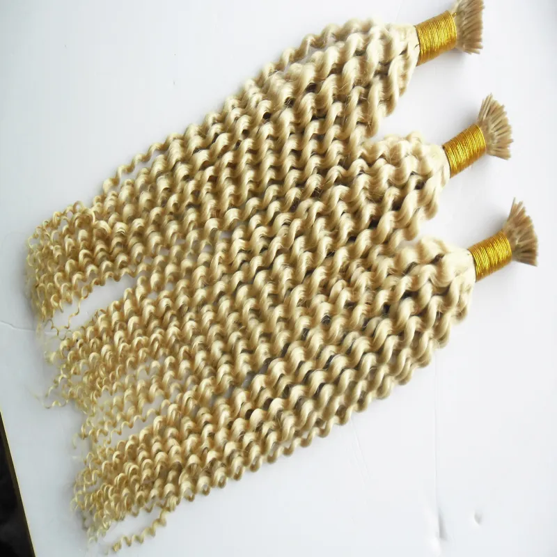 613 Blonde Kinky Curly 1g Strand Remy Nail I Tip Наращивание человеческих волос Платиновый блонд 613 European Fusion Pre Bonded Hair Extensi1958102