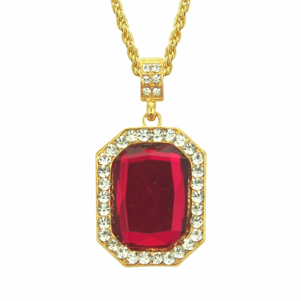 Hip Hop Bling Out Cubic Zirconia Red Stone Square Pendant Halsband för män Smycken med 30inches Guldkedja