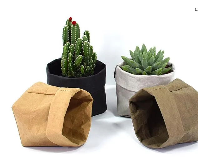 Foldable Pots Kraft Paper Flowerpot Waterproof Environmental Protection Planters storage bag Mini Garden Vegetable pouch Washable A02