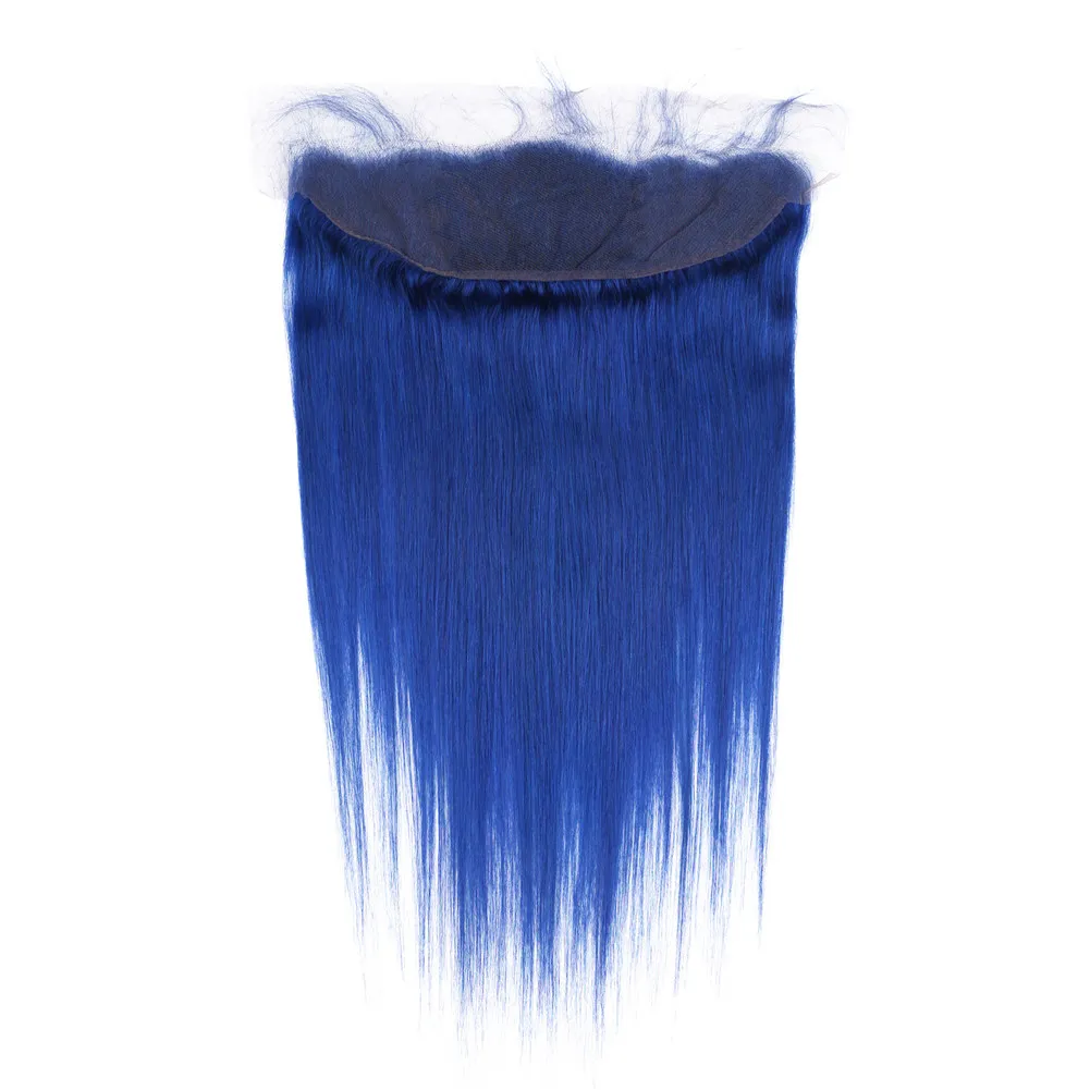 Peruaanse blauwe kleur Menselijk haar weeft extensions met frontaal Recht Donkerblauw Maagdelijk haarbundels Deals met 13x4 kanten frontale sluiting