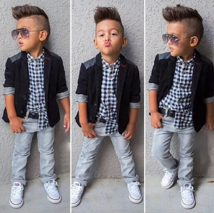 Ins Europe Fashion Baby Boys 3pcs Clothes Set Kids Plaid Shirt + Coat + Jeans Children Outfits Clothing Suit W146