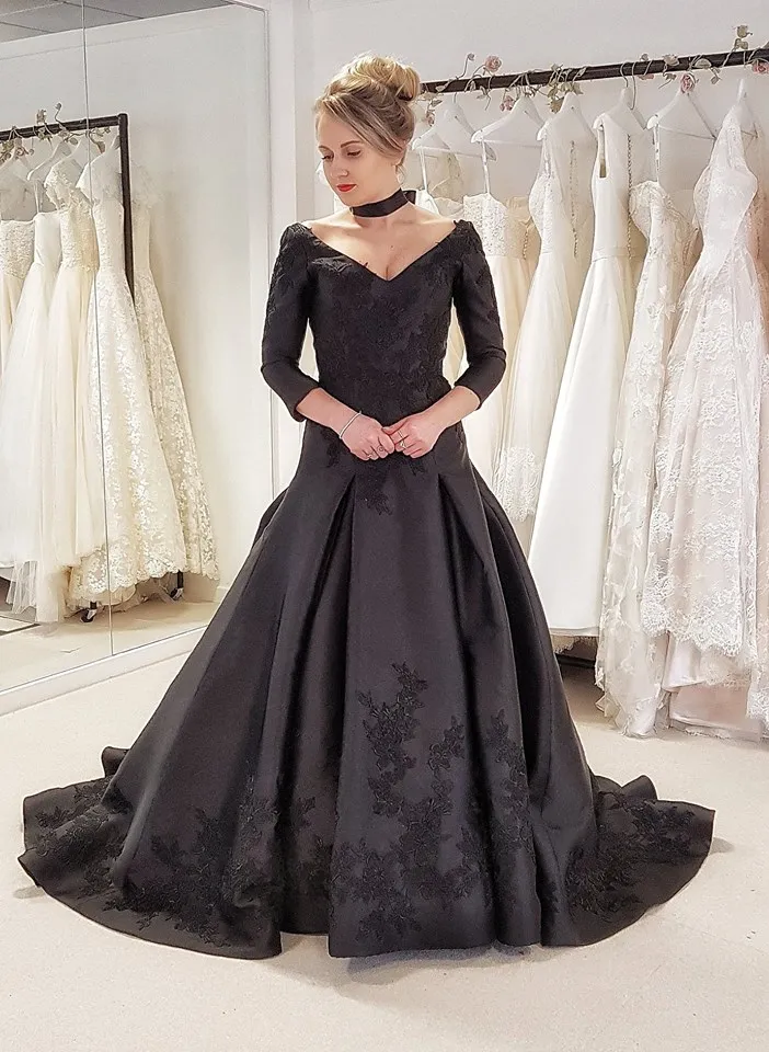 Готические черные красочные свадебные платья с рукавами 3/4 v винтажные атласные не белые свадебные платья на заказ не традиционные