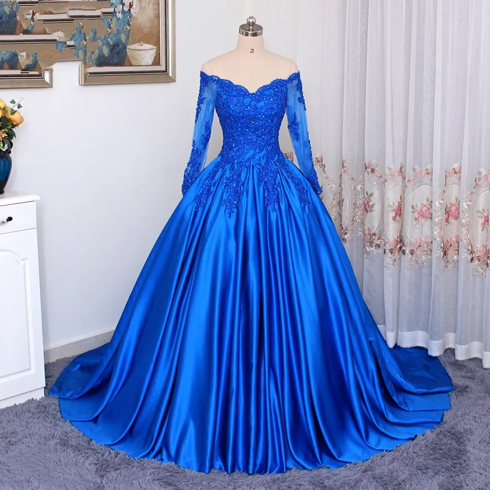 Robe de soirée bleue à col en V avec manches longues en dentelle Une ligne Princesse 2022 Applique Illusion Paillettes Perlée Corset Retour Robe de soirée Quinceanera