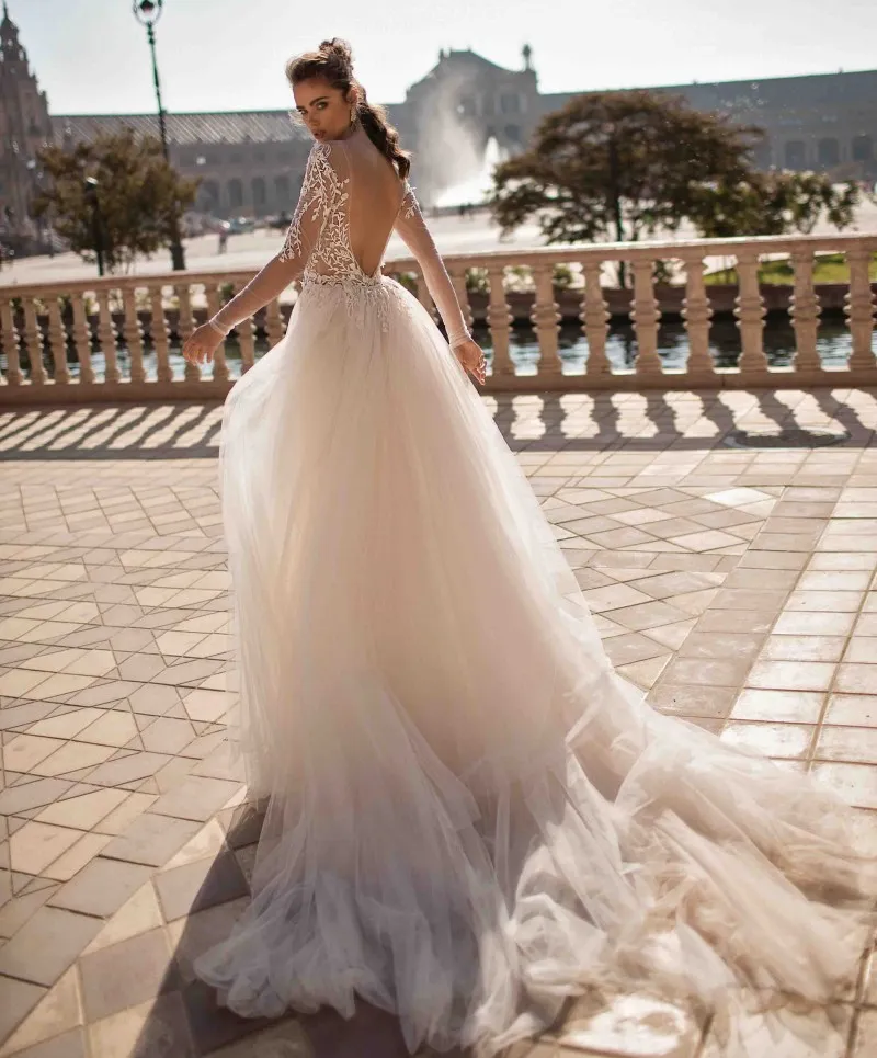 Berta sirène dos nu robes de mariée de plage col en V profond surjupe manches longues robes de mariée bohème tulle plus la taille Boho Vestidos De Novia