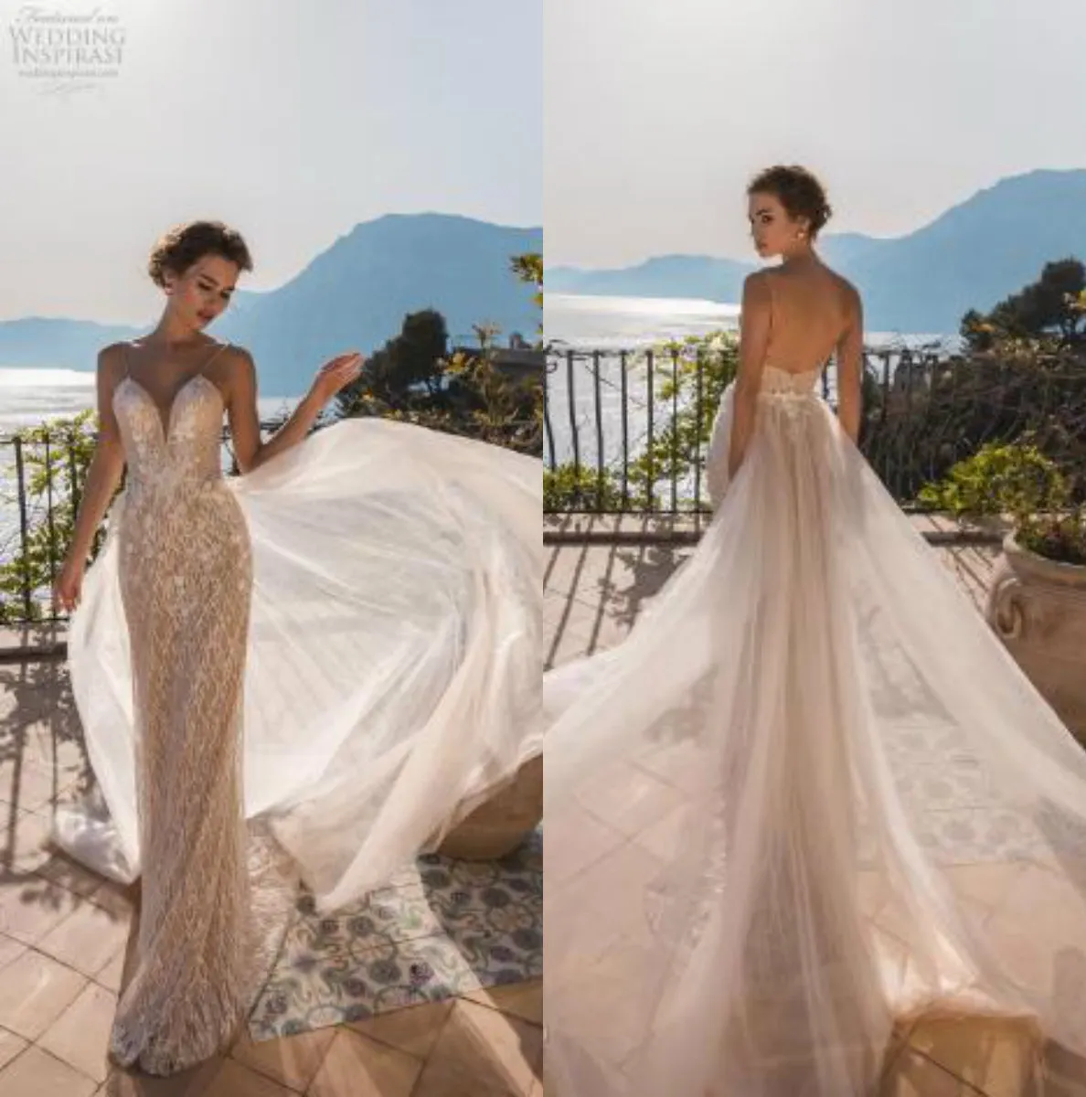 La Petra 2019 Abiti da sposa a sirena Spaghetti Backless Abiti da sposa in pizzo abiti da sposa Sweep Train Abito da sposa Illusion personalizzato Personalizzato