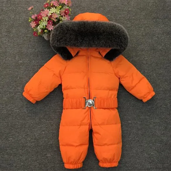 2018 Inverno Vestiti per bambini Toddler Ragazzi Ragazze Tuta Baby Pagliaccetto Duck Down Tute Con cappuccio Collo in vera pelliccia Capispalla per bambini Tuta da neve per bambini