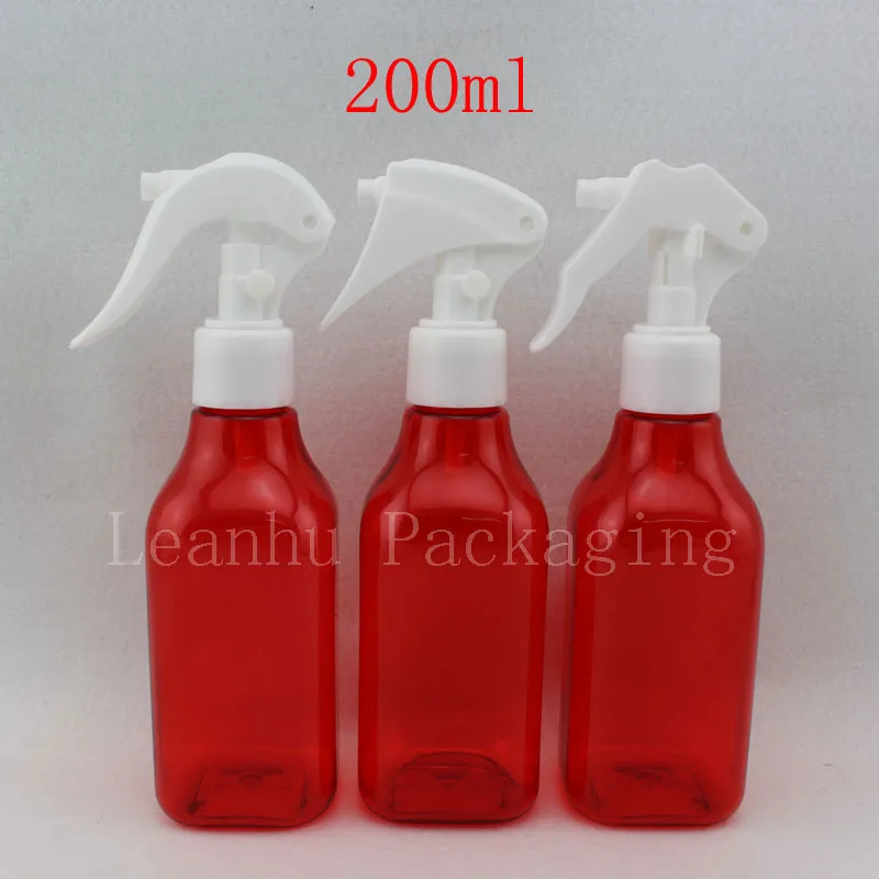 30 X 200ml empty red square refillable watering bottle with trigger sprayer , plastic cleaning spray PET container bottle