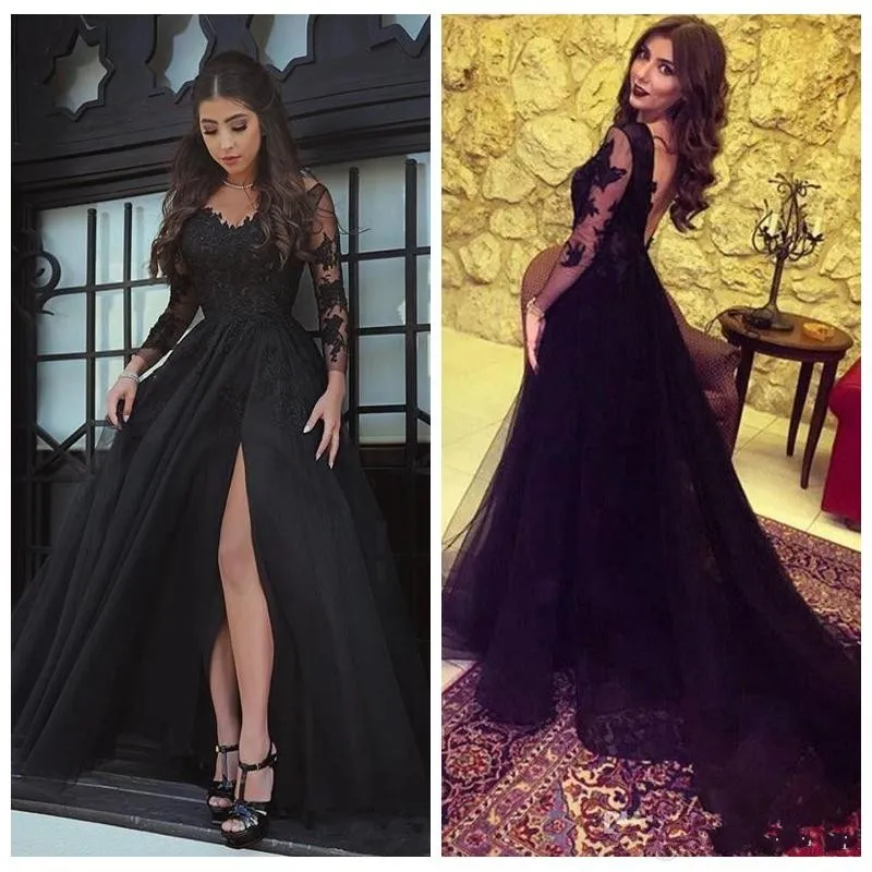 2018 Barato Backless Prom Dresses V Neck Sheer Mangas Compridas Vestido de Noite Preto Desgaste Rendas Apliques Side Dividir Plus Size Formal Vestidos de Festa