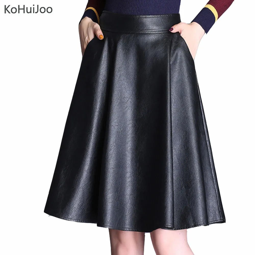 Kohuijoo 3XL 4XL 5XL lente herfst vrouwen PU lederen rok plus size hoge taille een lijn casual faux lederen rokken knielengte