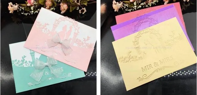 2018 New Bride & Groom Wedding Party Invitation Cards Laser Cut Ribbon Wedding Invitations support Customized Printing