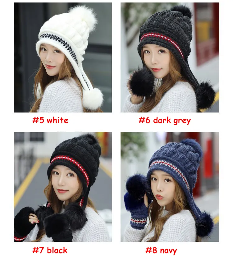 Women Outdoor Cold-proof Thicken Knitted Cap Pom Pom Ball Hats Faux Fur Beanies  Hat Winter Warm WHITE 