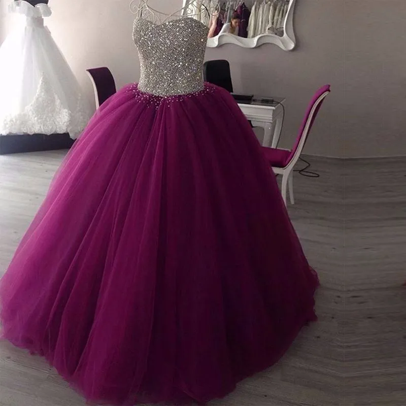2018 New Sparkly Sweetheart Beaded Ball Gown Prom Dresses Real Picture Tulle Floor Length Sleeveless Puffy Long Prom Dress Q82