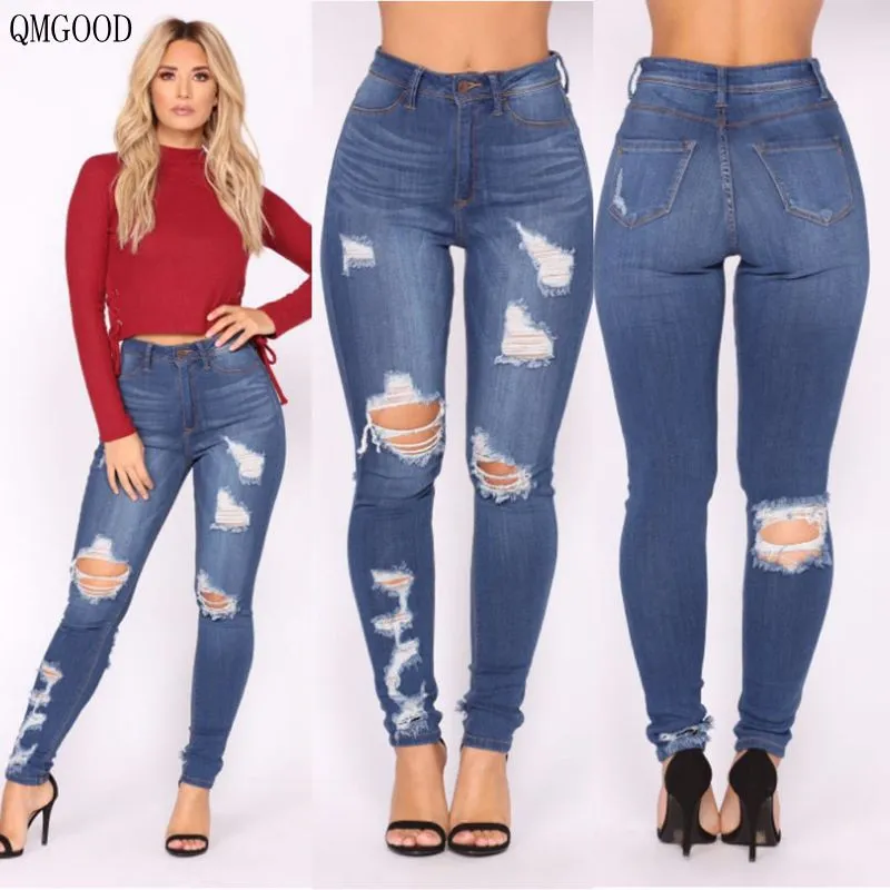 QMGOOD 2018 Fashion Hole Ripped Jeans Women Stretch Tight Torn Jeans Woman Big Hip Sexy High Waist Pencil Pants Female Trousers