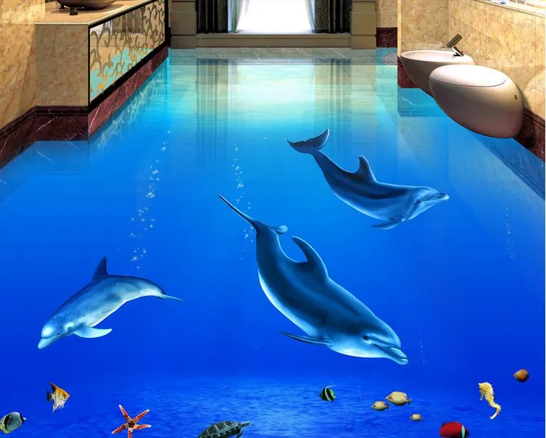 PVC auto-adesivo Pavimento Soalho de casa de banho pintura piso de ladrilho Dolphin Underwater World 3D tridimensional bonito