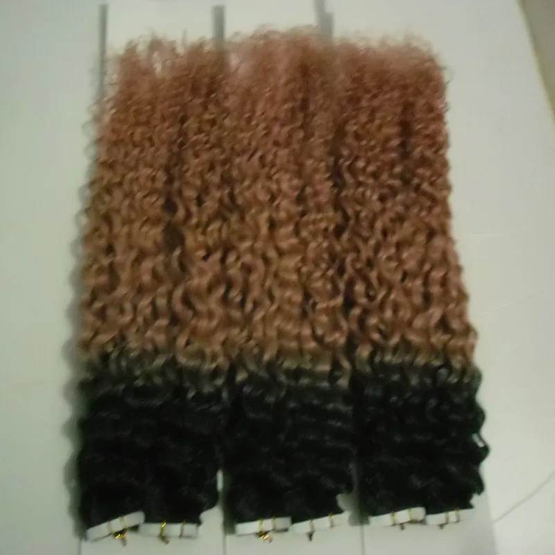 Ombre Tape In Human Hair Extensions Brazilian kinky curly Hair /pack extensiones cabello natural adhesivas 300g #1B/27