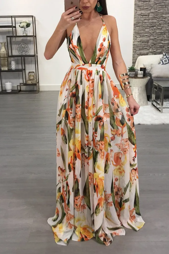 Deep v neck sales floral maxi dress