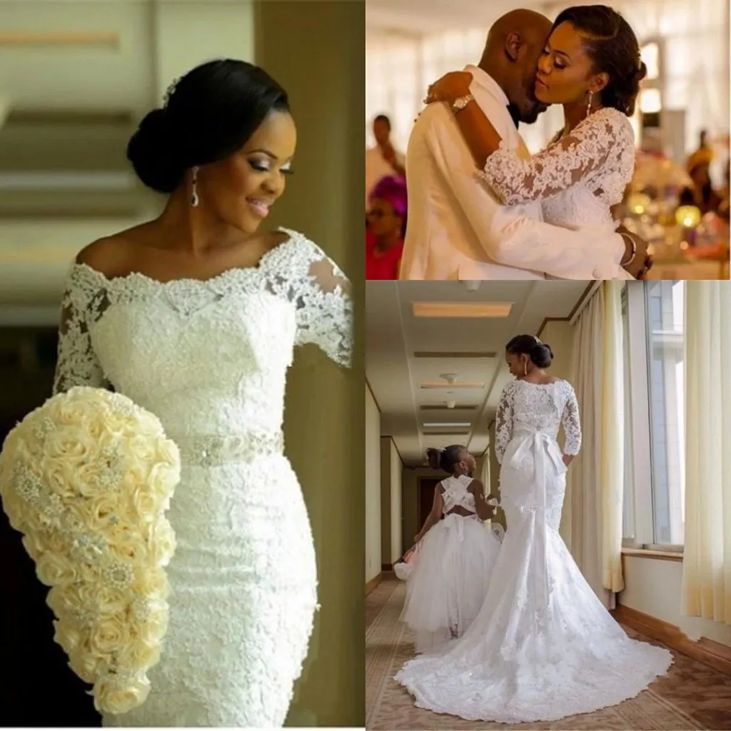 Sjöjungfru spets bröllopsklänningar med halvärmad 2018 blygsam pärlstav blet trumpet full längd afrikansk nigeria trädgård brud bröllopsklänning