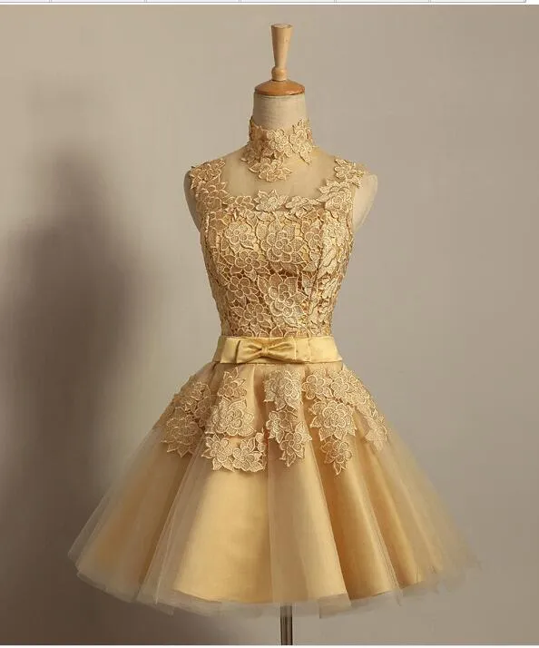 2018 mode Kurze Spitze Gold Abendkleider Braut Prinzessin Bankett Vintga High Neck Prom Kleid Plus Größe Nach Robe De soiree