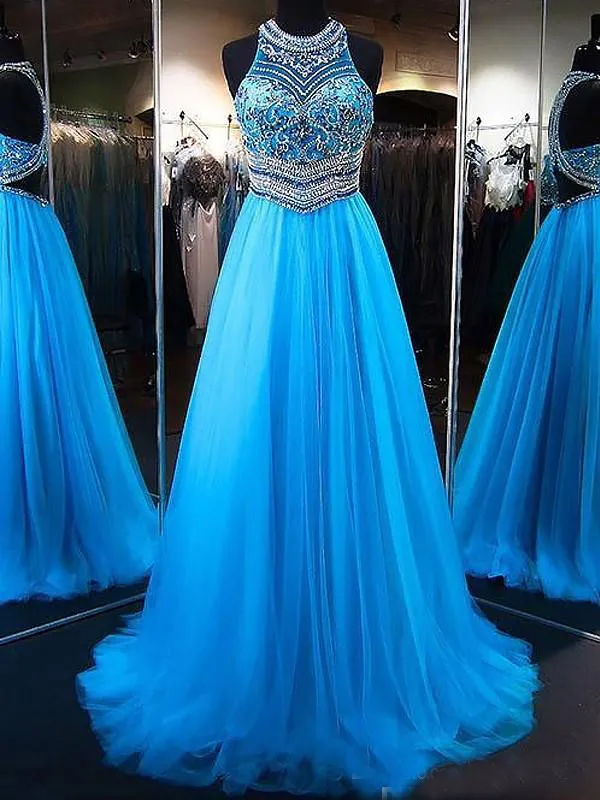 Sexy Eleganckie Prom Dresses do Korant Kobiety A-Line Księżniczka Klejnot Bez Rękawów Sweep Pociąg Frezowanie Tulle Długie Formalne Wieczorowe Suknie Party