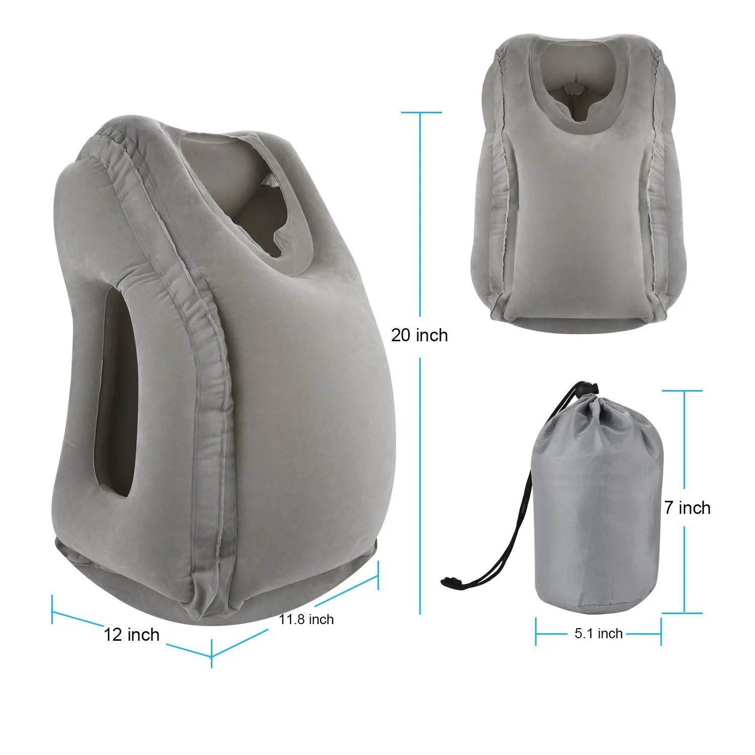 Grey Inflatable Travel Pillow Ergonomic and Portable Head Neck Rest Pillow,Patented Design for Airplanes, Cars, Buses, Trains Office Napping