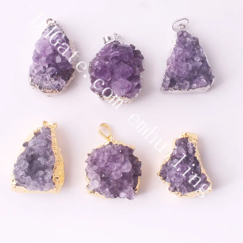 Naturalny Ametyst Druzy Klaster Wisiorek Złoty Zanurzony Amethyst Druze Posrebrzany Purpurowy Amethyst Geode Surowy Freeform Gemstone Point Wisiorek