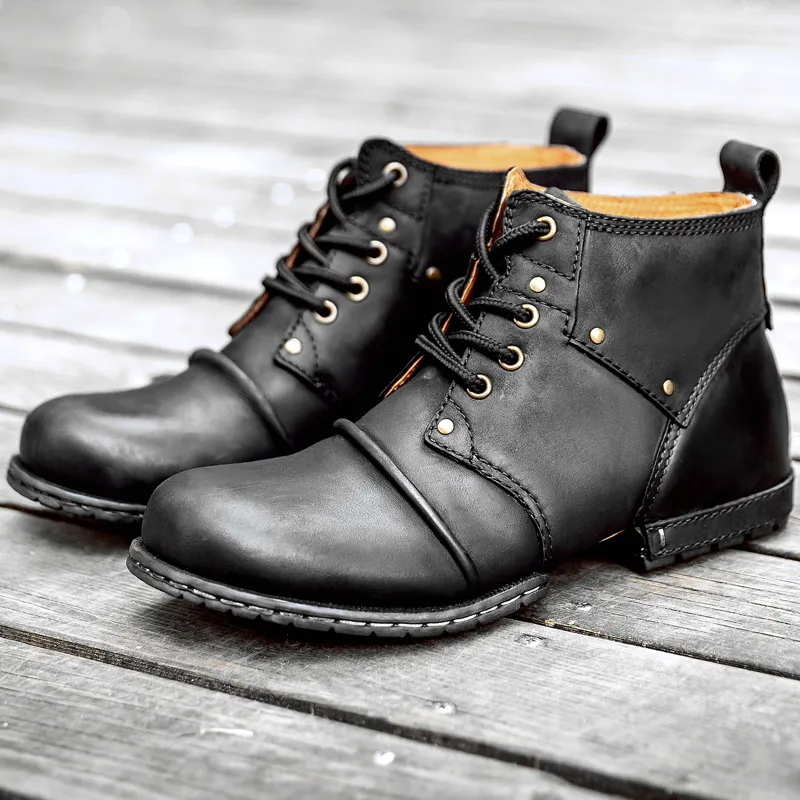Genuine Leather Mens Western Boots Lace Up Footwear Work Wrinkle