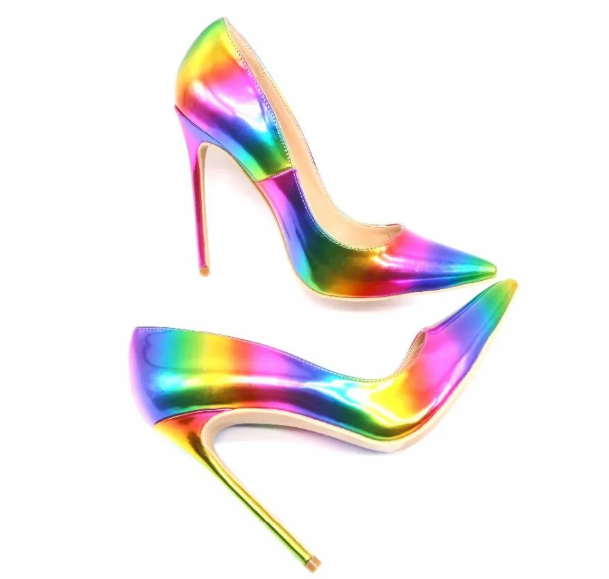 Casual Designer sexy lady real photo women's sandals luxura leather Multi color rainbow printed pointed toe woman female 12cm 10cm 8cm high heels pumps shoes
