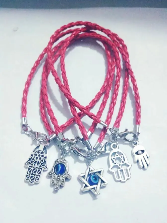 Fashion Vintage Silver Mixed Kabbalah Hamsa Hand Charms Red Leather Good Luck Bracelets & Bangles Jewelry A23