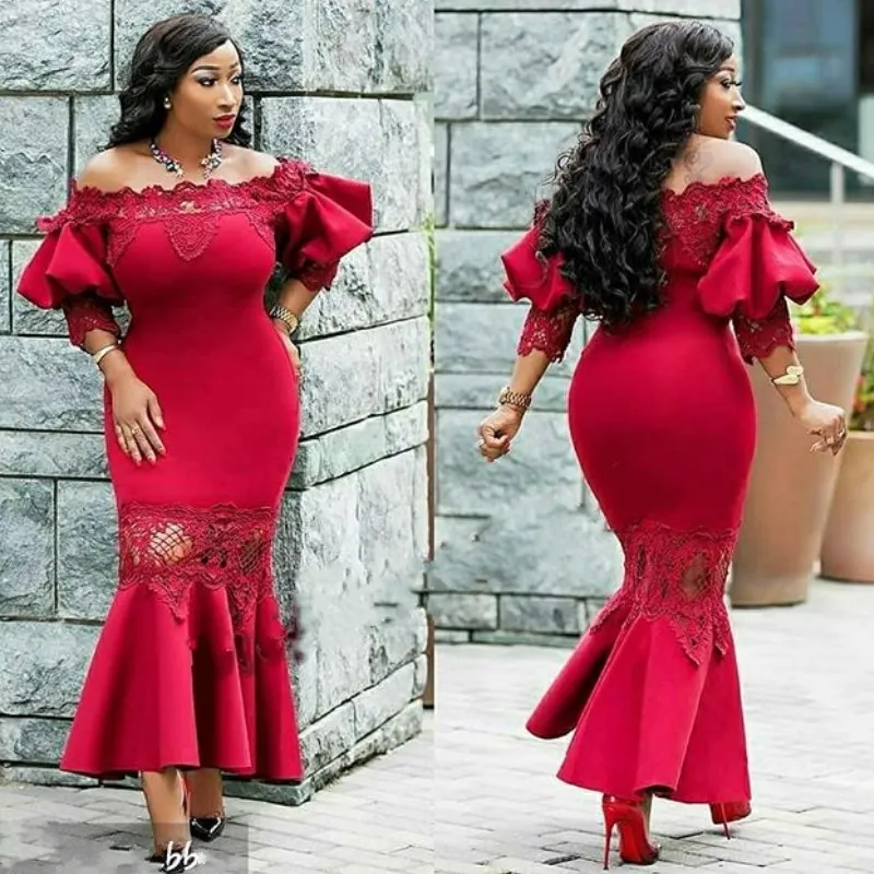 Chic rouge sirène robes de bal hors épaule 3/4 manches dentelle appliques robes de soirée africaine glamour sexy robes de cocktail 2018 robe de soirée