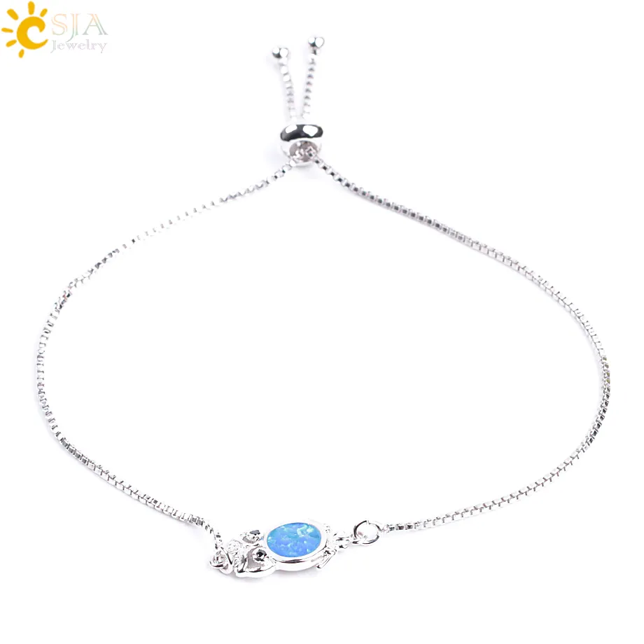 CSJA blauwe opaal steen armband schattig dier uil vorm verstelbare ketting zilveren kleur kraal eenvoudige charme armbanden voor vrouwen meisje sieraden cadeau F067