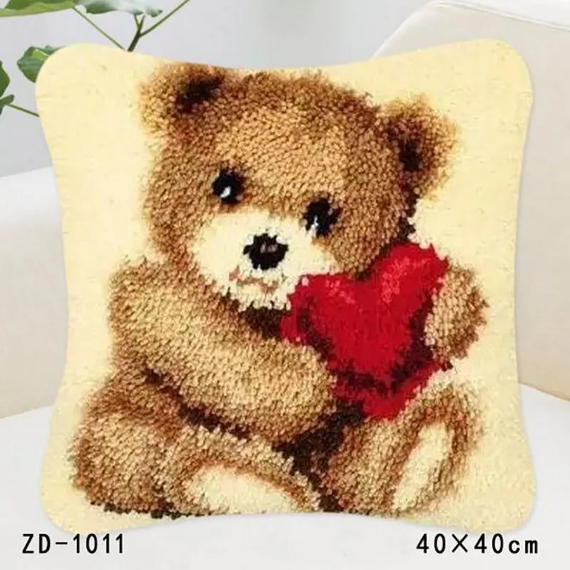 Pillow Case Cartoon Latch Hook Rug Canvas Embroidery Pillow Crochet Animal Kit Handmade Craft Cushion Kits Home Decor Bear