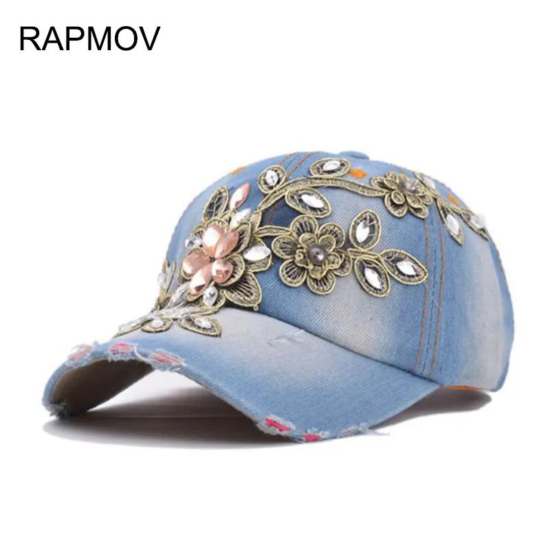 Groothandel vrouwen mode strass diamante denim baseball cap hoeden vrouwen herfst sport hoed canvas snapback caps goede kwaliteit