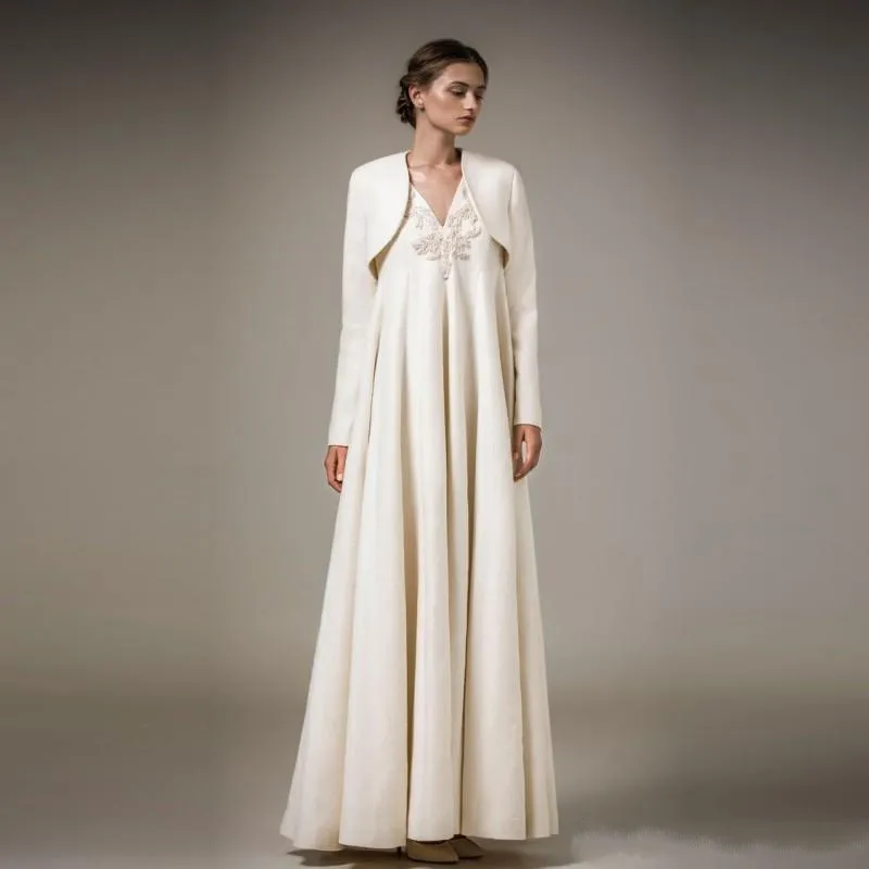 Qatar 2024 Empire V cou Ashi Studio robes de soirée avec veste à manches longues dentelle appliques satin volants longueur de plancher robes de bal formelles HH359