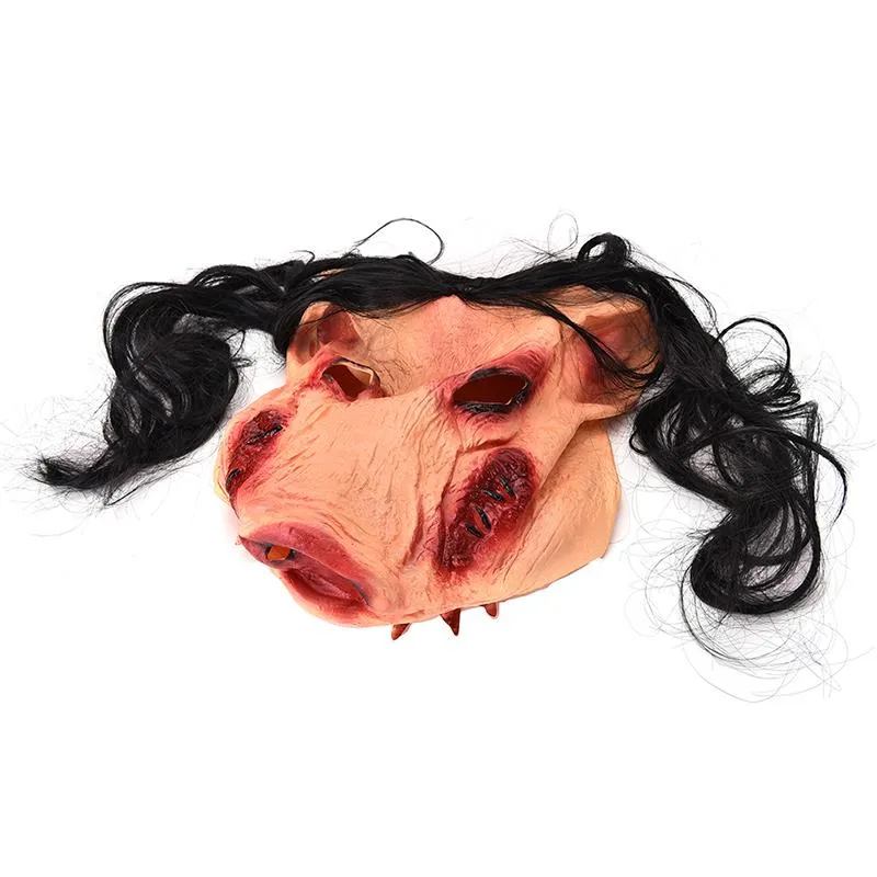 Halloween Mask Scary Cosplay Costume Latex Holiday Supplies Novely Halloween Mask såg Pig Head Scary Masks With Hair213L