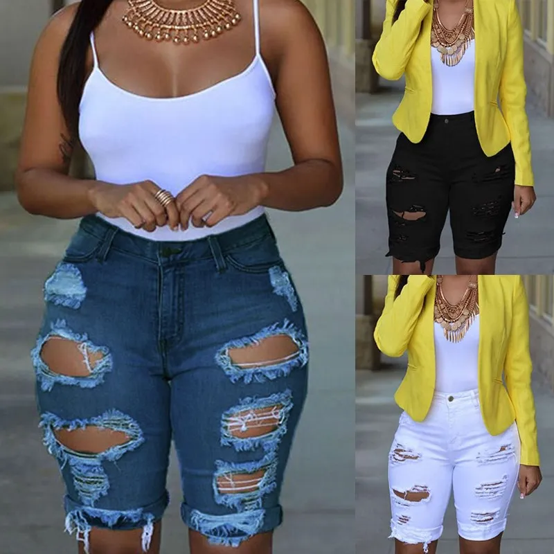 2017 Sexy Sommer Neue Mode Frauen Zerrissene Löcher Knielange Jeans Denim Hosen Dünne Hohe Wasit Blau Weiß Casual Bleistift Hosen