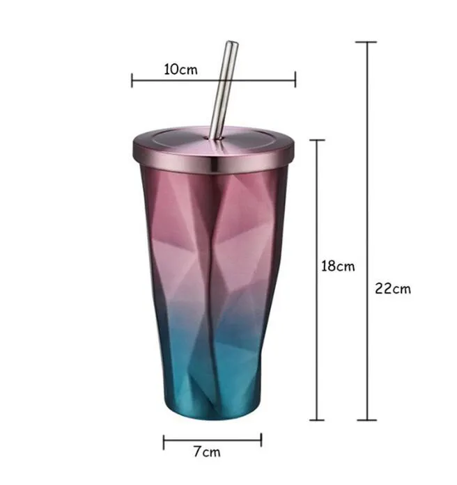 17 온스 그라데이션 다이아몬드 밀짚 커피 머그잔 더블 벽 스테인레스 스틸 진공 절연 500ml 물병 병 플라스크 여행 보온병 머그잔