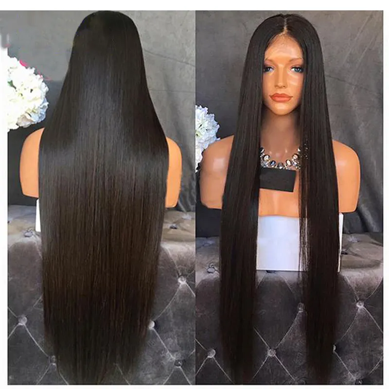 O envio gratuito de Seda Em Linha Reta Perucas Fibra Resistente Ao Calor Do Cabelo Preto Natural cor marrom Borgonha Peruca Dianteira Do Laço Sintético Para As Mulheres