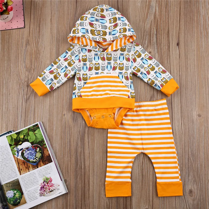 Set di vestiti appena nati 2018 Primavera Autunno Toddler Infant Neonati maschi Abbigliamento ragazze Tuta con cappuccio Pagliaccetto Pantaloni Gufo Uccello Abiti stampati Set