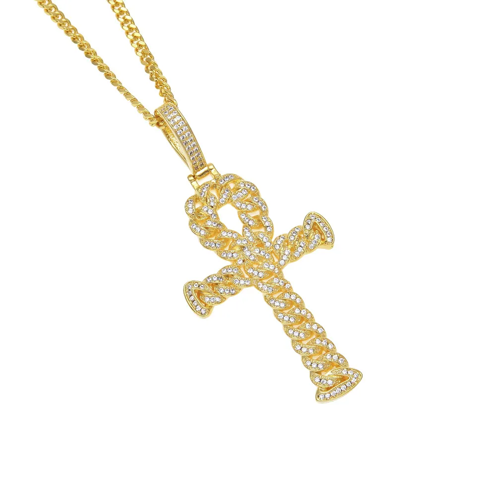 Hiphop Halsband för kvinnor Ny kopparmikro-inställning Zircon Ankh Key Pendant Full Diamond Cuban Chain Cross grossist