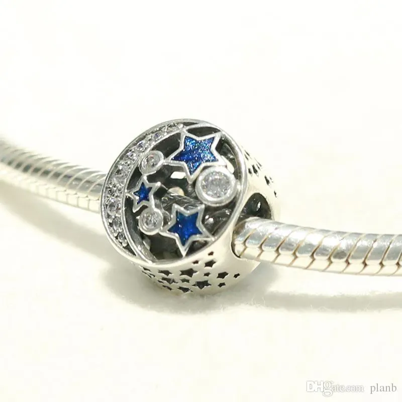 Fabriek groothandel blauwe emaille maan en sterren charmes 925 sterling zilver europese kralen fit pandora charms slang ketting armband sieraden DIY