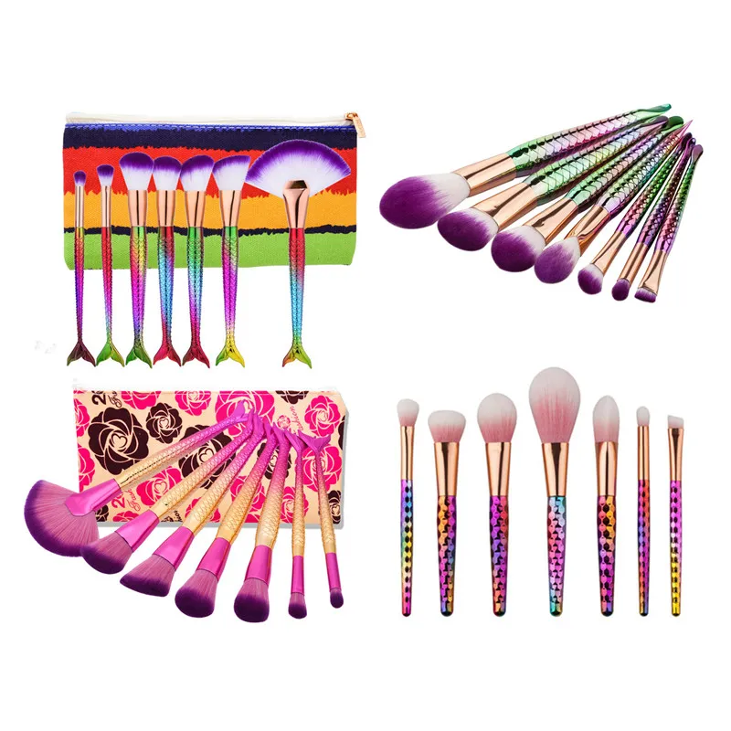 7 stks make-up borstel set professionele oogschaduw gezicht poeder regenboog zeemeermin make-up borstels kit cosmetica tool