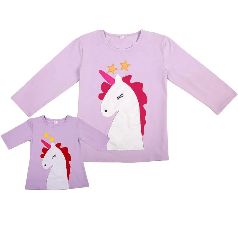 Moda Matka i Córka Ubrania Cartoon Unicorn Drukowanie Z Długim Rękawem Koszulki Topy Wiosna Jesień Dopasowywanie Stroje Family Kids 2-6T S-XL