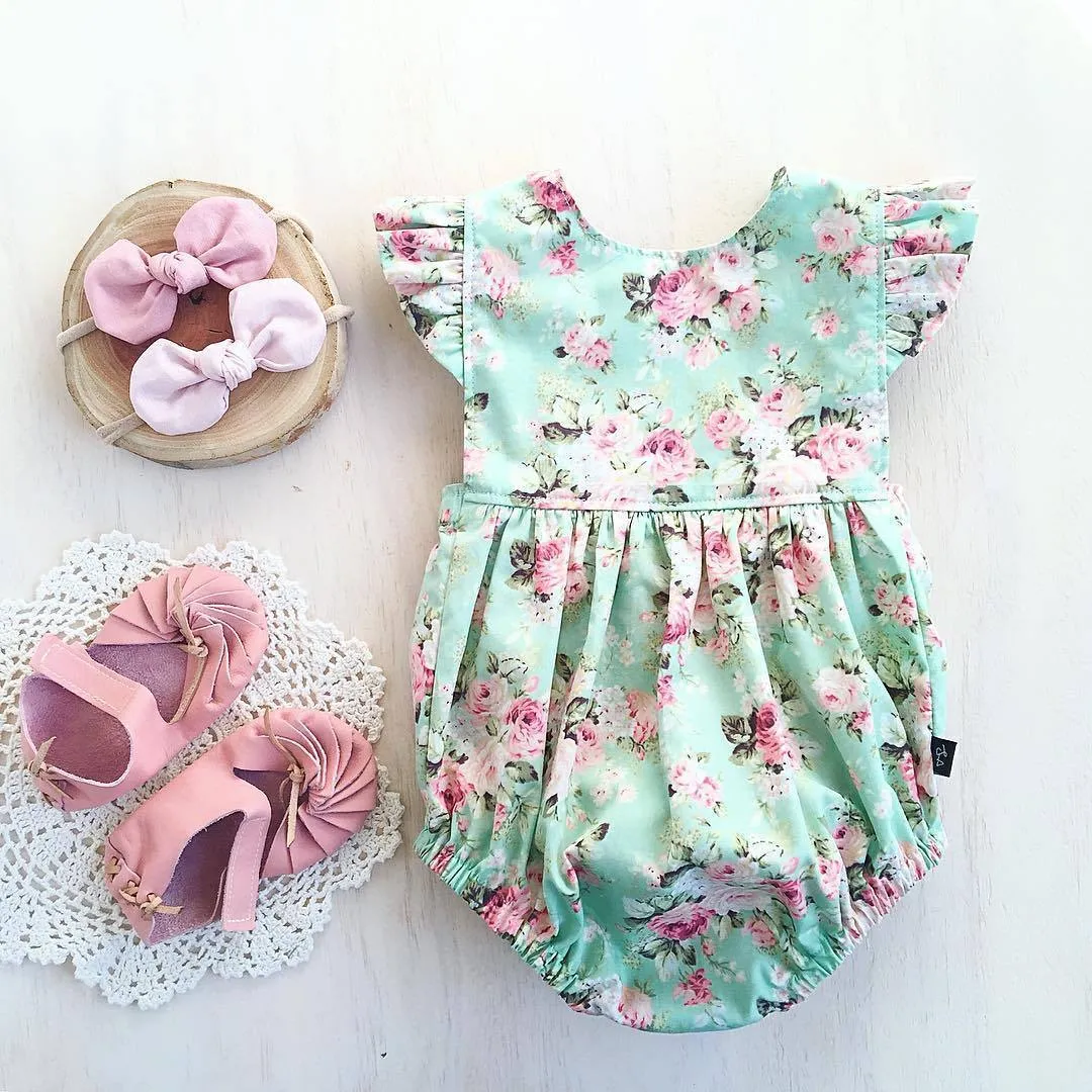 Roupas de Bebê recém-nascido Macacão Romper Macacão Ruffles Manga Fly Floral Macacão Sunsuit One Piece Outfits Crianças Verão Roupas de Bebê Meninas