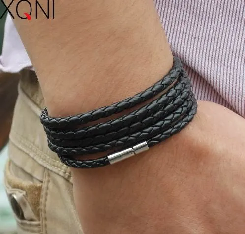 Xqni zwart retro wrap lang lederen armband mannen bangles mode sproty ketting link mannelijke bedelarmband met 5 ronden