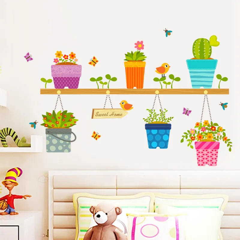 Garden Pot Flower Bonsai Birds Plant Wall Sticker Home Decoration Mural Decal Living Room Bedroom Window Decor5571763