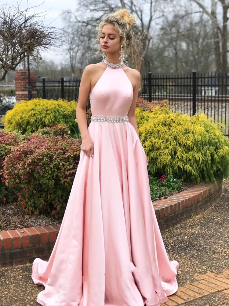 Pink Halter Prom Dresses Beaded Neck Satin Floor Length Backless Graduation Homecoming Dresses Formal Evening Party Dresses DH4092