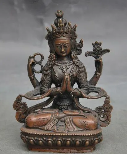 Statue bouddhiste en Bronze Joss du vieux Tibet, 4 bras, déesse Chenrezig Tara, Kwan-yin