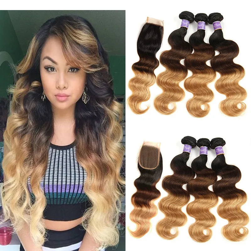 Ombre Gekleurde Human Hair Extensions Virgin Braziliaanse Peruaanse Maleisische Body Wave 3 Three Tone Bruin Blond 1b 4 27 Ombre Haar Weave Bundels